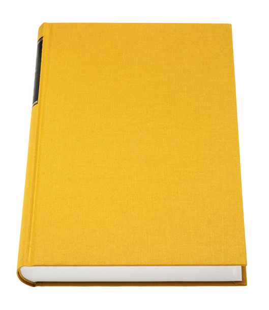 gelbes Buch isoliert auf weißem, schwarzer Rahmen für Titel auf der Drehung - Foto, Bild