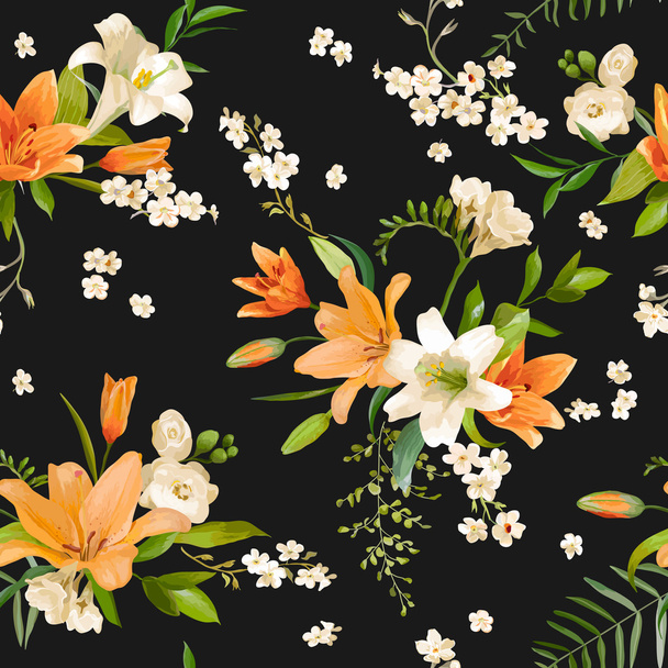 Spring Lily Flowers Backgrounds - Seamless Floral Pattern - in vector - Vektör, Görsel