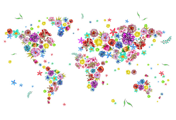 Watercolor illustration of world map in flowers - Photo, Image