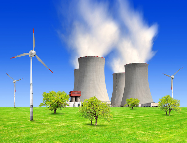Centrais nucleares e turbinas eólicas
 - Foto, Imagem