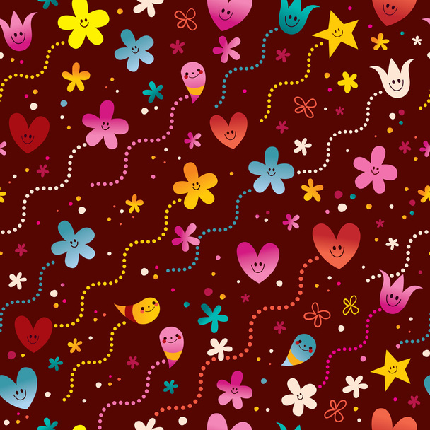 corações, flores e estrelas personagens bonitos sem costura padrão
 - Vetor, Imagem