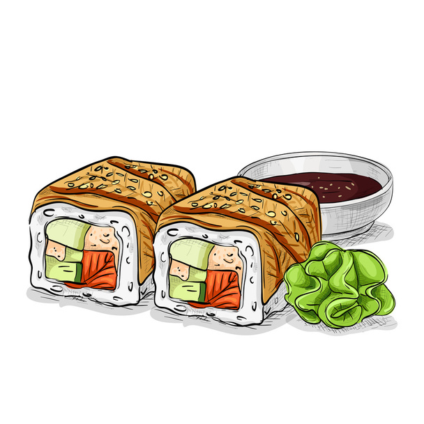 Vector sushi color sketch, Canada roll - Vetor, Imagem
