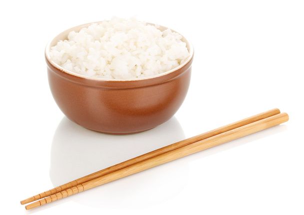 Cuenco de arroz y palillos isoalted en blanco
 - Foto, imagen