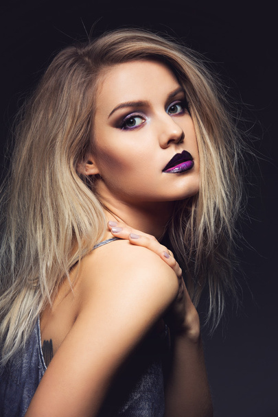 Beautiful girl with dark purple lips - Photo, Image