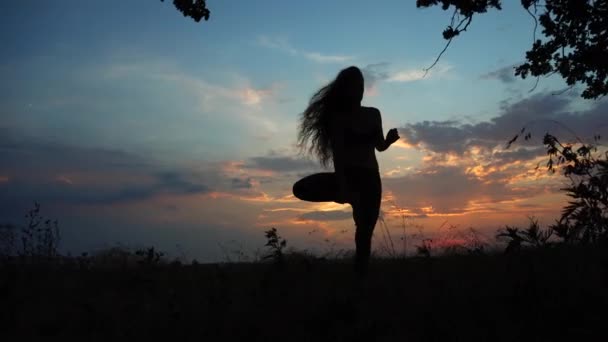 Silueta hembra chica haciendo yoga fondo rojo puesta del sol cielo árbol posar
 - Imágenes, Vídeo