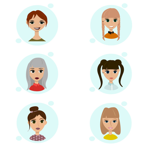Vector set of female avatar icons. People illustration, flat woman social media. Cartoon characters for web profile. Lovely hipster pigtail ponytail hairdress. Flirty girls face - Vector, Image