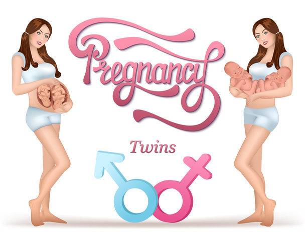 Mujer embarazada y de gemelos recién nacidos en sus manos después del nacimiento. - Vector, imagen