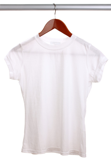 White t-shirt on hanger isolated on white - Φωτογραφία, εικόνα