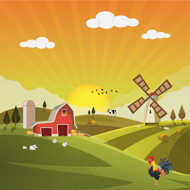 Farm field flat countryside afternoon autumn landscape. Organic food agriculture concept for any design. Farmland afternoon with farm house, hay bale, barn, mill, windmill, sheep, cow, Background vector illustration. - Vector, Image
