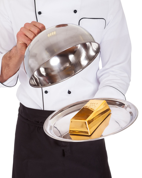 Portrait of happy chef holding tray - Fotografie, Obrázek