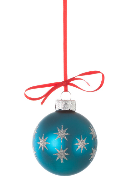 Blue christmas ball hanging on a red ribbon - Photo, Image