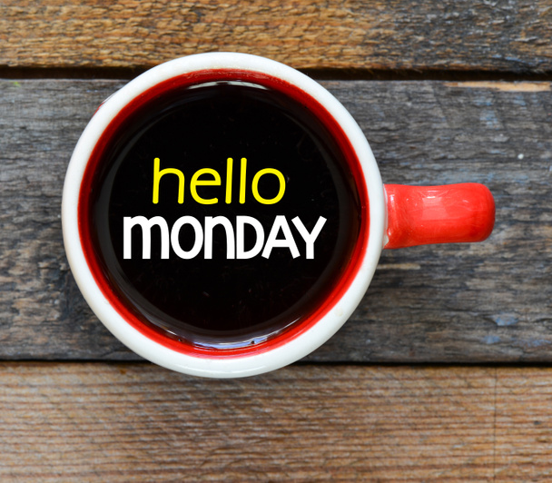 Надпись Hello monday in cup of coffee
 - Фото, изображение