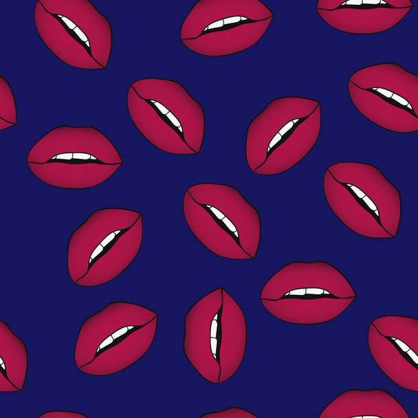 Seamless pattern full of seductive sexy lips with visible teeth on dark blue background. Pop art half open mouth with luscious lips as a texture. - Vector, imagen