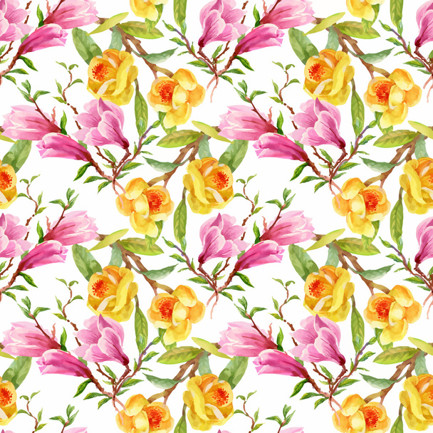 Beautiful Watercolor Summer Garden Blooming Flowers Seamless Pattern - Wektor, obraz