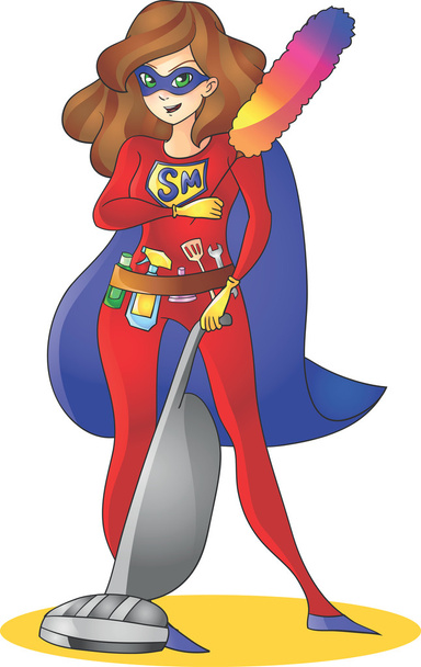 Super hero Mom - mother multitasking cleaning cooking - Vector, Image