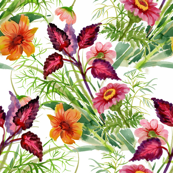 Beautiful Watercolor Summer Garden Blooming Flowers Seamless Pattern - Vector, Image