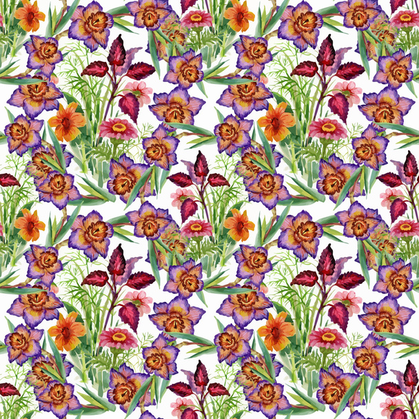 Beautiful Watercolor Summer Garden Blooming Flowers Seamless Pattern - Vektör, Görsel