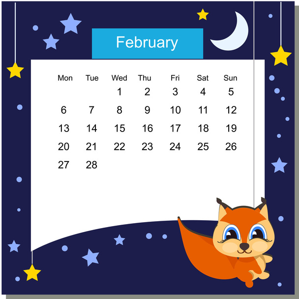 Frame met eekhoorn. Kalender 2017. Februari. Week begint maandag - Vector, afbeelding