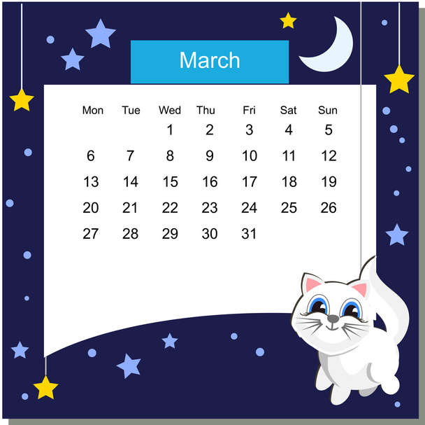 Frame met kat. Kalender 2017. Maart. Week begint maandag - Vector, afbeelding