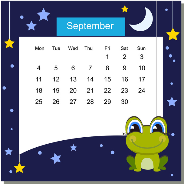 Frame met kikker. Kalender 2017. September. Week begint maandag - Vector, afbeelding