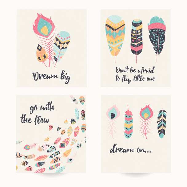 Design da cartolina con citazione ispiratrice e piume colorate bohemien
 - Vettoriali, immagini