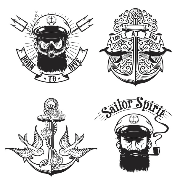 Set of nautical emblems. Diving emblems. Old captain with a pipe - Vector, Imagen