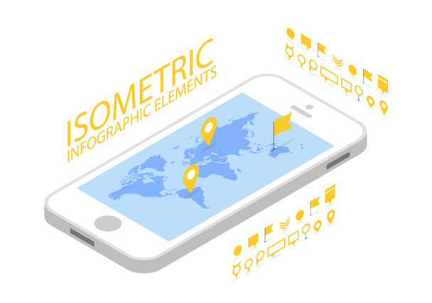 isometrisches mobiles GPS-Navigationskonzept, Smartphone mit Weltkartenapplikation und Markierungsstift - Vektor, Bild