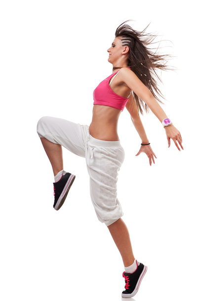 Jeune femme breakdancer en sautant pose
 - Photo, image