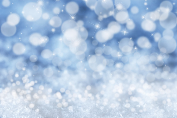 Blue Christmas Background With Snow, Bokeh And Stars - Фото, изображение