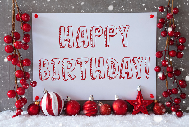 Label, Snowflakes, Christmas Balls, Text Happy Birthday - Фото, изображение