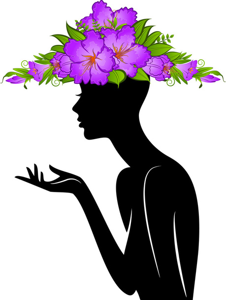 Beautiful silhouette of girl in hat from flowers on white background - Vector, Image