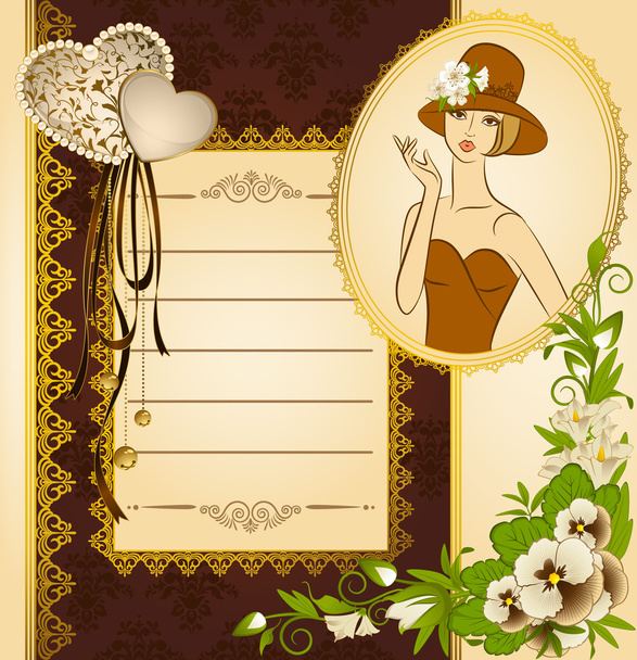 Vintage fashion woman with flowers on ornament background - Vector, Imagen