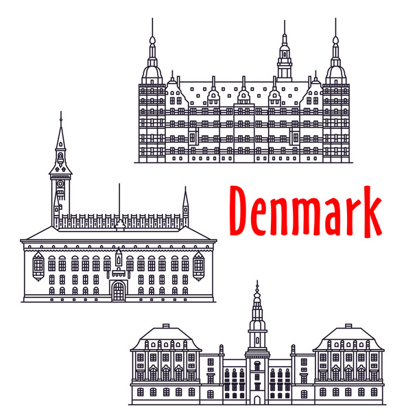 デンマークの細い線のアイコンの象徴的な旅行スポット - ベクター画像