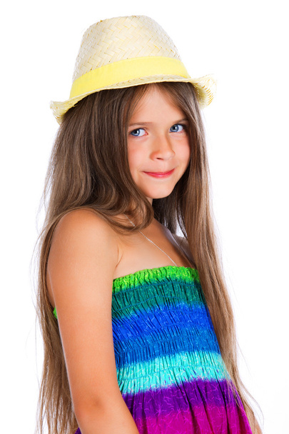 Porträt der schönen Mädchen posiert zu Hause mit Hut - Foto, Bild