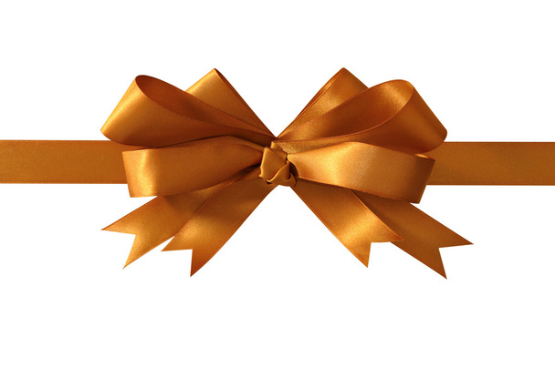 Altın hediye yay ve beyaz arka plan üzerinde düz s izole şerit - Fotoğraf, Görsel