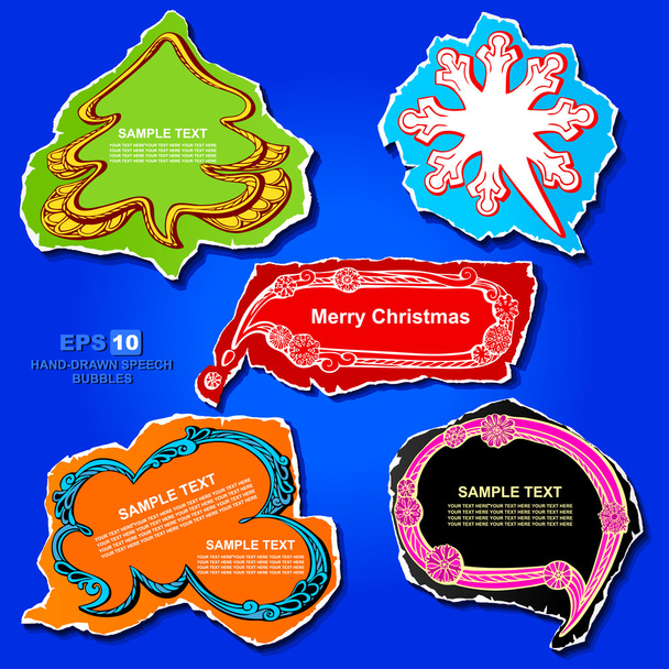 Різдвяні та новорічні графічні мовні бульбашки та наклейки, з використанням креативних прикрас - ялинка, сніжинка, хмара, банер та рамка на кольоровому вінтажному папері
 - Фото, зображення