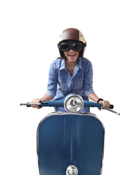woman in helmet on retro scooter - Fotoğraf, Görsel