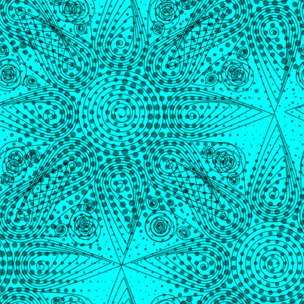 Tyrkysové kmenové slunce symbolem fúze s retro polotóny. Abstraktní vločky vzor bezešvé - Vektor, obrázek