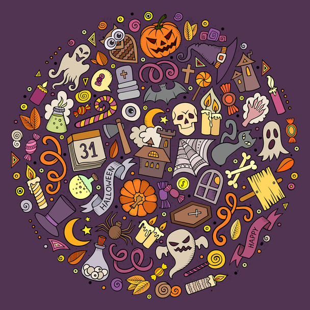 Conjunto de objetos de desenhos animados Halloween, símbolos e itens
 - Vetor, Imagem