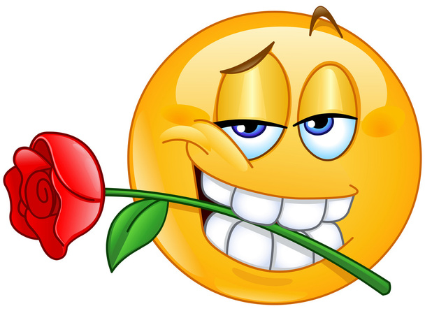 Emoticon met roos tussen tanden - Vector, afbeelding
