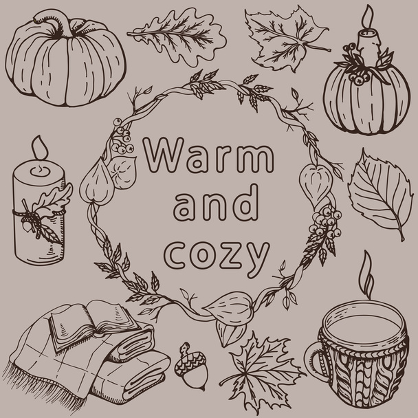 sada podzimní teplé a příjemné věci, podzimní předměty interiéru a podzimní listí - Vektor, obrázek