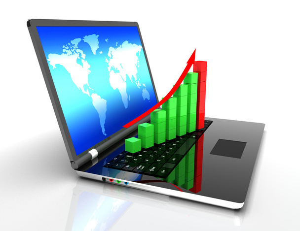 Koncepció, piros nyíl és üzleti növekedés-diagram laptop - Fotó, kép
