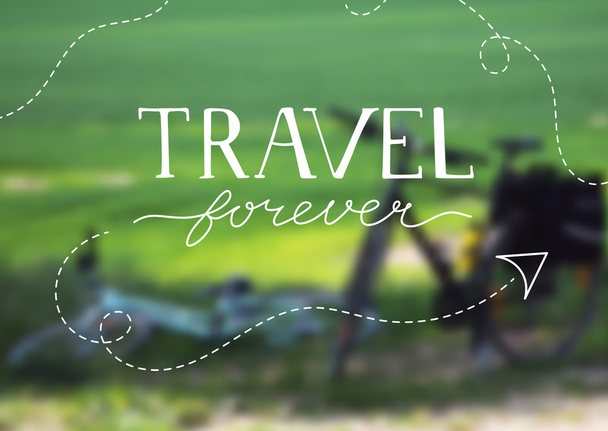 Travel Forever - hand Lettering phrase with blurred background. Vector Illustration. Typography poster - Vector, Imagen