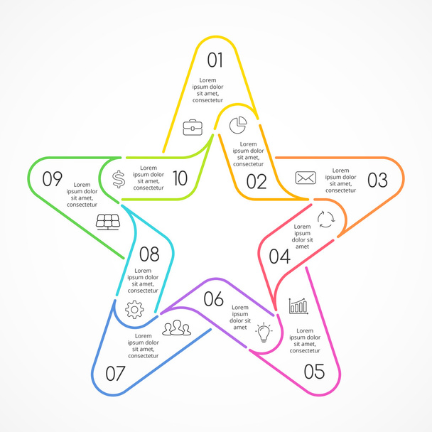 Vector circle linear color star symbol infographic. Template for cycle diagram, graph, favourite presentation, celebrity chart. Business logo concept sign with 10 options, parts, steps, processes. - Vector, Image