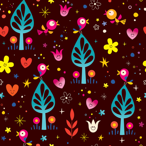 birds, trees nature seamless pattern - Vector, Image