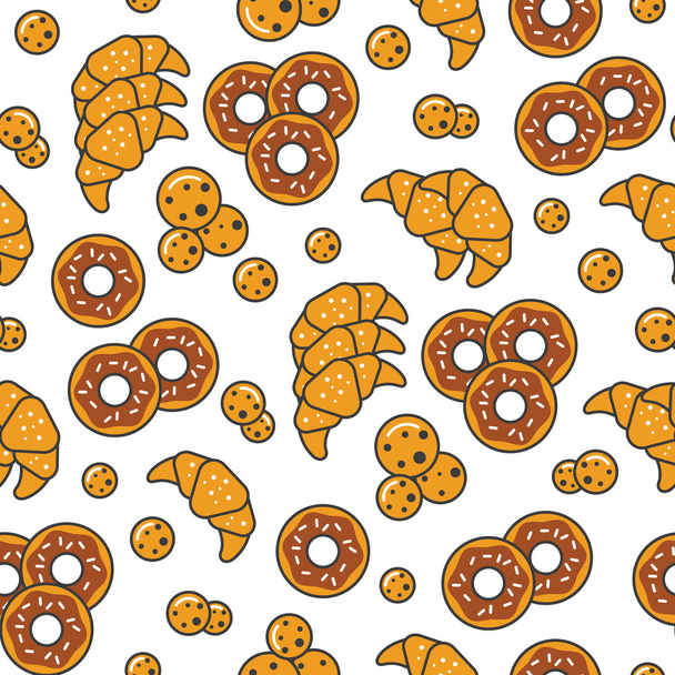 Bakkerij en Desserts lijn Art dunne Vector naadloze patroon achtergrond met Croissant en Cookies - Vector, afbeelding