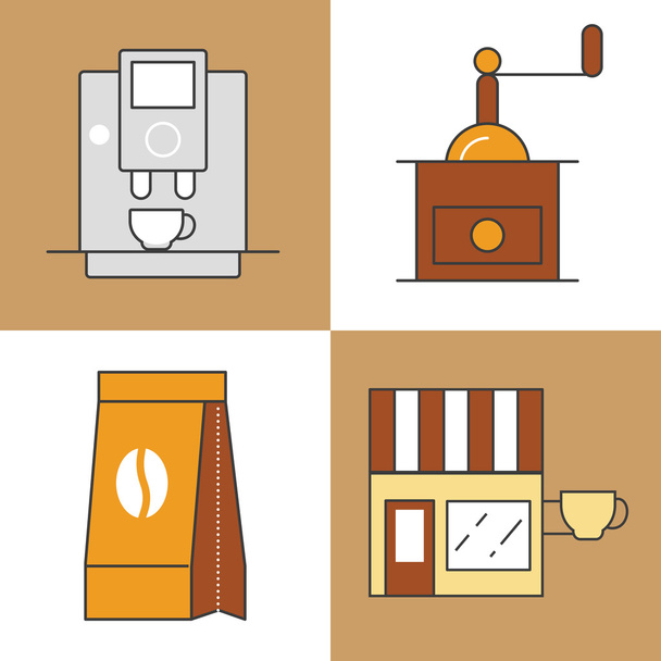 Ligne de temps de café Art Icônes vectorielles minces Set avec tasses à café et haricots
 - Vecteur, image