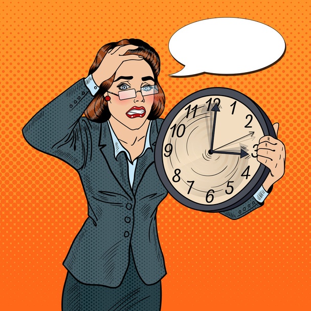 Stressed Pop Art Mulher de negócios com Big Clock on Deadline Work. Ilustração vetorial
 - Vetor, Imagem