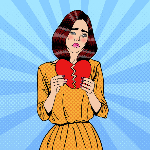 Triste infeliz Pop Art Woman Tearing Paper Red Heart. Ilustração vetorial
 - Vetor, Imagem
