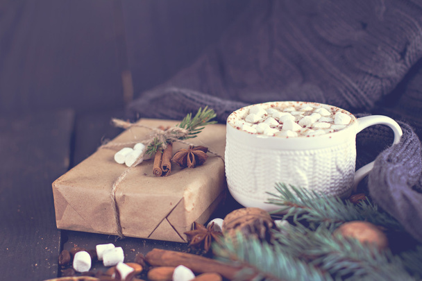 Cocoa, coffee  with marshmallows, nuts, gift - Φωτογραφία, εικόνα